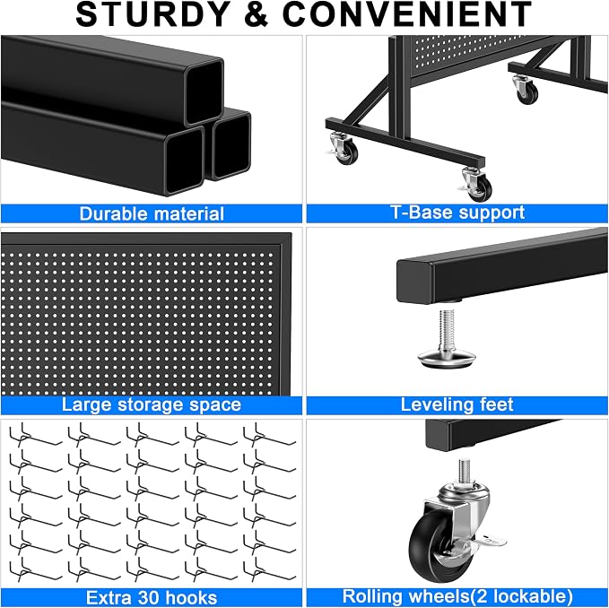 Folews 24″ x 70″ Pegboard Display Stand, Freestanding Metal Peg Board Display with 30 Hooks & Wheels Portable Standing Pegboard Rack for Vendor Retail Craft Show Fair Garage DIY, Black