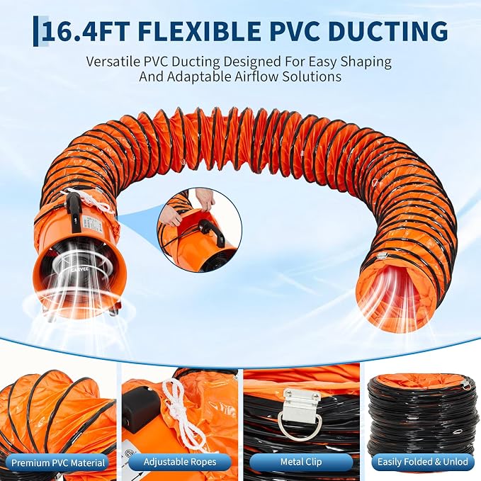 8 Inch Utility Blower Exhaust Fan, Portable Industrial Exhaust Fan with 16.4 ft Flexible Duct Hose, 1100 CFM Low-Noise Air Mover Blower Fan/Extractor/Ventilator for Basements, Workshops, Warehouses