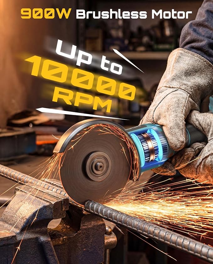 SEESII Cordless Angle Grinder 4-1/2 Inch, 21V Brushless Battery Grinder Tool with 2X 4.0Ah Batteries, 10000RPM for Metal Cutting, Grinding, Polishing, Rust Removal (Blue)