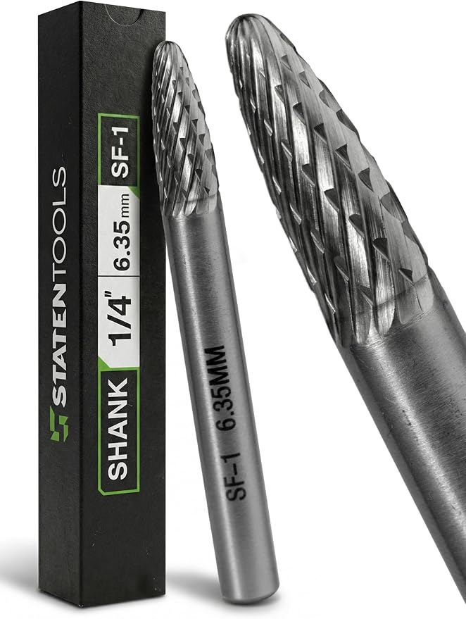 Carbide Burr SF-1 6.35mm (1/4") Shank – 1 Pc Double Cut Die Grinder Bits for Milling, Carving, Engraving, Deburring, Drilling, Hard Wood and Metals – Tungsten Carbide Drill Bit Set for Rotary Tools