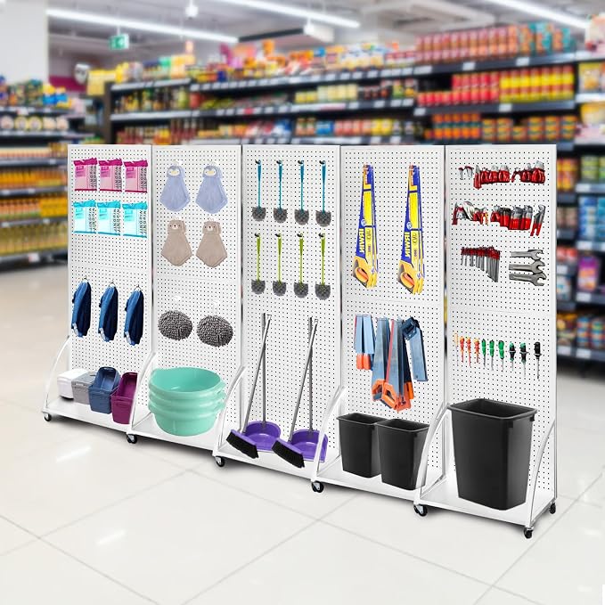 NectaCol 2'x 6' Metal Pegboard Display Stand with a Plate, Peg Board Panels, Standing Pegboard Display, Craft Fair Display Rack, Art Display Stand, Extra 10 pieces Hooks - White