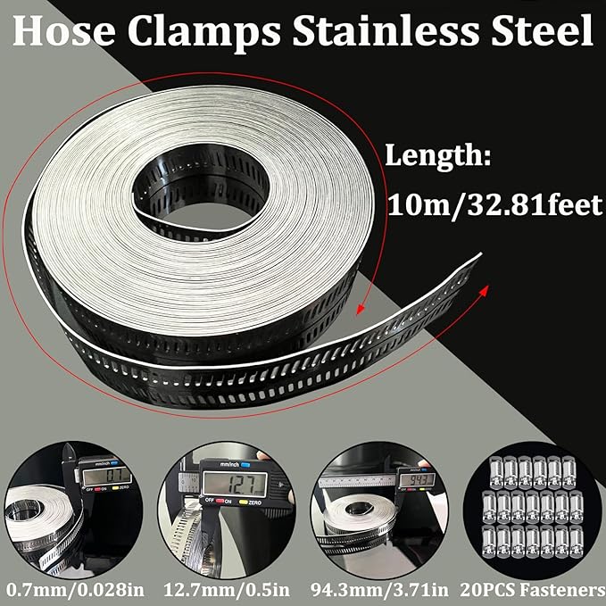Hose Clamps Stainless Steel, Large Worm Gear Duct Pipe Hose Clamp Assortment Kit, Band Fittings Strap, 32.81FT Adjustable Metal Bolt with 20 Stronger Fasteners Screw for Plumbing Auto Tube Fuel Line