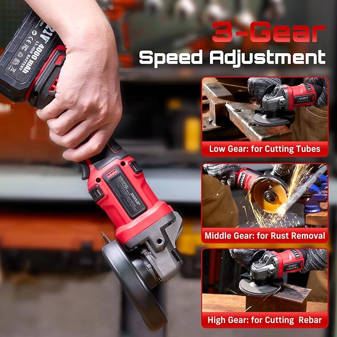 Cordless Angle Grinder 21V, 4-1/2" Battery Grinder with 2 Batteries, LED Display, Power Burshless motor, Variable Speed for Metal Cutting Grinding, Rust Removal