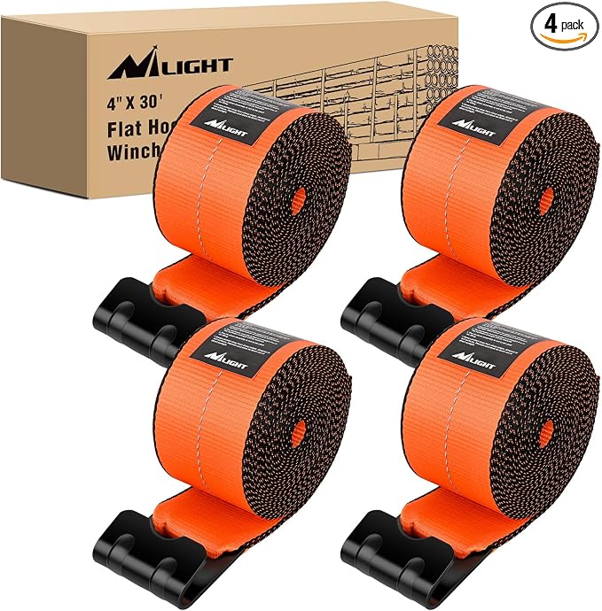 Nilight Truck Straps 4" x 30' Heavy Duty Tie Down with Flat Hooks 16800LBS Break Strength & 5400LBS WLL for Flatbed Trailer Cargo Control Recovery Tree Saver Bright Orange (4 Pack)