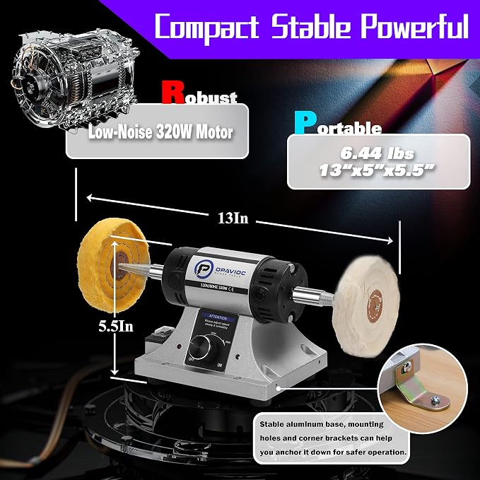 Jewelry Polisher - Adjustable Variable Speed Bench Grinder Polishing & Buffing Machine, Dental Buffer & Lathe - Includes 2 Cloth Wheels, 2 Abrasive Fiber Wheels, Safefy Glass, Polish Compound