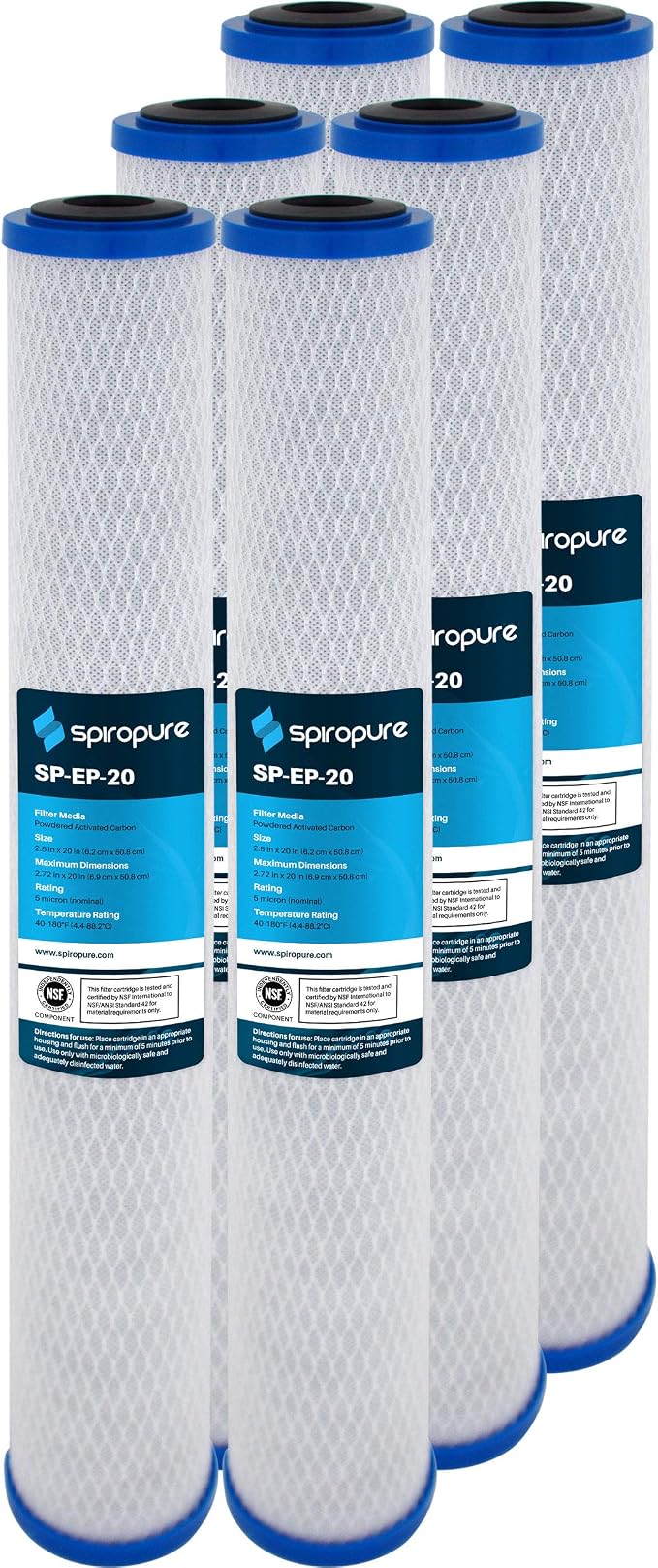 SpiroPure 20x2.5 5 Micron Carbon Block Water Filter EP-20 CB-25-2005 6 Pack