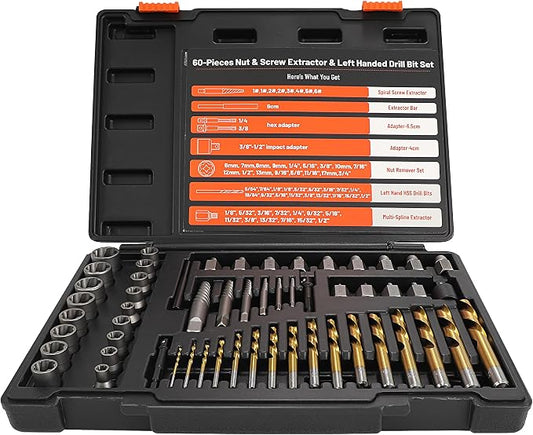 56Pcs Spiral Screw Extractor Set, Left Hand Drill Bit Set, Easy Out Bolt Extractor Set with Hex Adapter, Multi-Spline Lug Nut Remover for Stripped, Rounded, Damaged, Broken Studs Bolts Screws