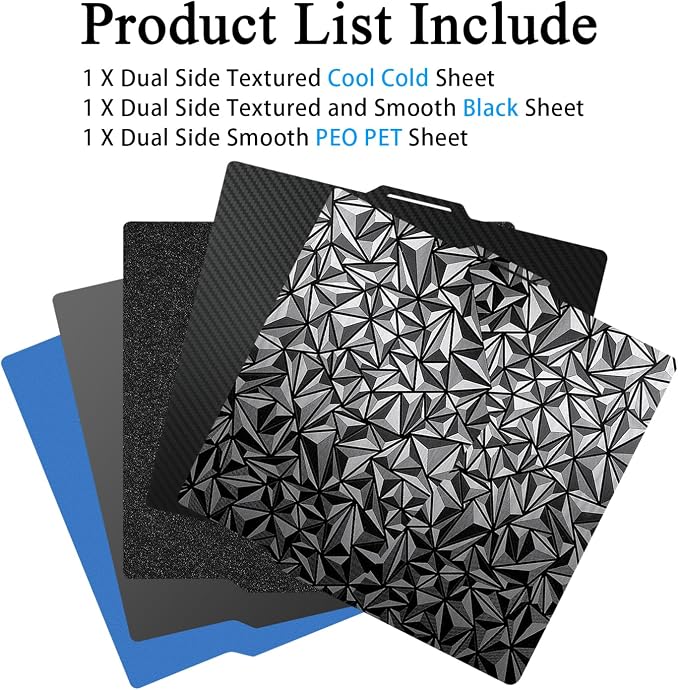 HzdaDeve 3PK P1S Build Plate for Bambu Lab P2S/X2D/P1S/P1P/A1/X1C/X1E Dual-Textured Cold Cool PEI Double Smooth PEO PET Plate Black Sheet Board 257.5x257.5MM Heated Bed Spring Steel Flexible Platform