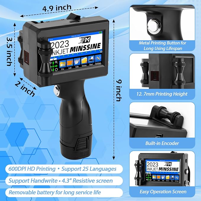 Handheld Inkjet Printer Gun MS-Z10 with 42ml Quick-Drying Ink Cartridge Portable Handheld Printer for Text/Barcode/Logo/QRCode/Counter/Batch Number/Date Coder(Printing Height: 0.08-0.5Inch)