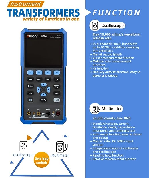 70MHz Bandwidth Oscilloscope, OWON HDS272 Dual Channel Oscillograph, with Digital Oscilloscope Multimeter Tester Functions for Auto Measurement Educational Laboratory Testing OWON HDS272/70MHz/2CH