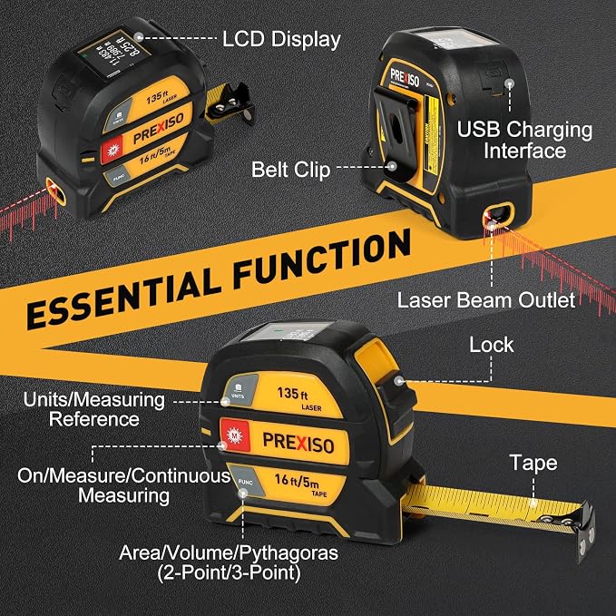 PREXISO Multi Surface Laser Level LED Light Vial, 30Ft Horizontal and Vertical Line Laser & PREXISO 2-in-1 Digital 135Ft Rechargeable Laser Tape Measure