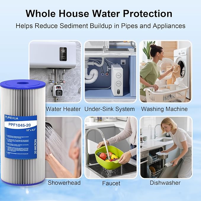 4-Pack 10" x 4.5" Pleated Sediment Water Filter Cartridge 20 Micron High Flow Whole House Water Filter Replacement for Well Water, Compatible with Culligan R50-BBSA, GE FXHSC, ECP5-10B, R30-BB