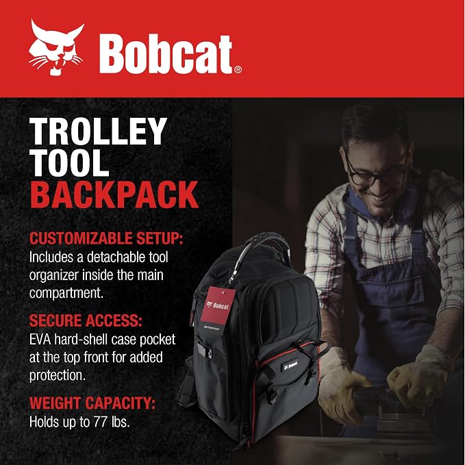 Bobcat Tool Organizer Backpack, EVA Hard Pocket, Large Capacity Storage for Electricians & Technicians, Heavy Duty Mobile Tool Bag (Black/Red Rolling tool Bag)
