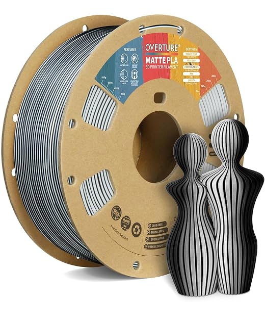OVERTURE Matte PLA 1.75mm, Low Warp & Smooth Finish 3D Printer Filament | Frosted Matt Finish Hides Layer Lines, 1kg Spool (2.2lbs) Cardboard Spool, Fit Most FDM Printer (Matte Black-White)
