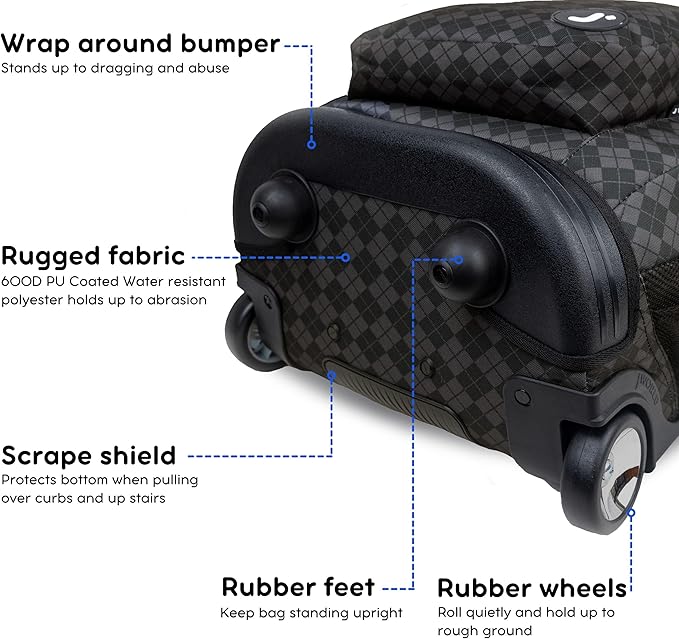 J World Sundance Laptop Rolling Backpack for Girls Boys. Roller Bookbag with Wheels, 20 Inch, Argyle Black