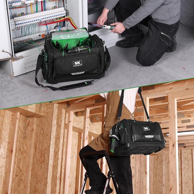 SK 21-Inch Heavy Duty Tool Bag, 1680D Fabric with Waterproof Hard Base, Dual Zipper, Padded Shoulder Strap & Touch Fastener Handle, Tool Storage with 50 Pockets, 40 Webbing Loops