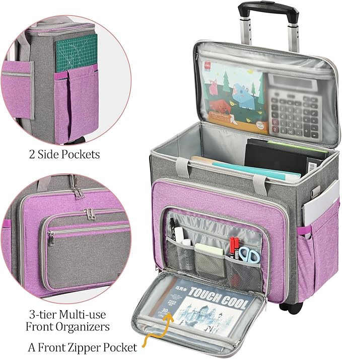 FINESUN Sewing Machine Case with Wheels, Rolling Sewing Machine Bag, Universal Craft Storage Bag for Brother Singer Janome and Most Embroidery Machine Carrying Tote Bag Purple
