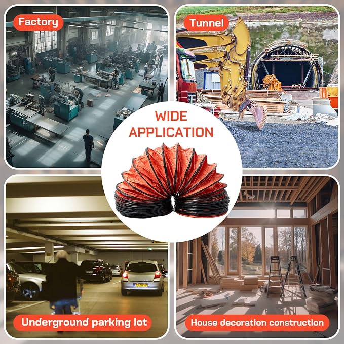 Pangda 1 Pack 25ft Duct Hosing PVC Flexible Ducting Hose 12 Inch HVAC Duct Hosing Flame Retardant with Stainless Steel Air Ducting Clamps Adjustable Hose Clamps for Utility Blower, Orange
