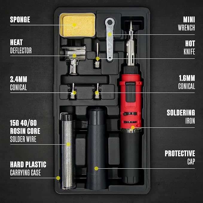 Berkling BSG-568 Butane Soldering Iron Kit - Self-Ignite, Instant Start, Portable Cordless Welding Micro Solder Torch Heat Gun Includes 5 Tips, 15g 60/40 Rosin Core Solder Wire, Mini Wrench, Sponge