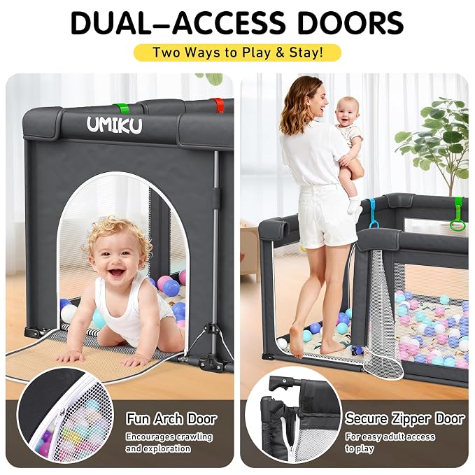 Baby Playpen with Mat, Foldable Playpen for Babies and Toddlers Large Playpens Play Yard Indoor Outdoor Activity Center Game Fence Safety Area Travel Play Pen for Babies 6-12 Months 50"X50" Dark Grey
