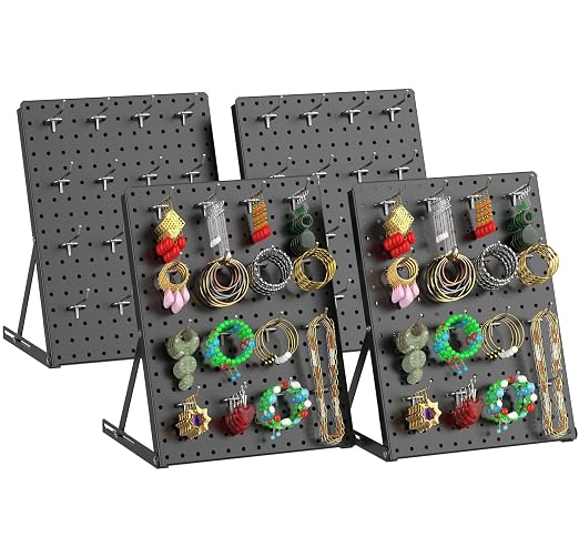 4 Pack Pegboard Display Stand, Sturdy Anti-tip Design,Small Peg Board Tabletop with 48 Hooks, Adjustable Metal Peg Board for Vendor Display, Craft Show, Jewelry Display 16''X12'' – Black