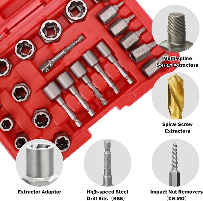 35Pcs Screw Bolt Extractor Set, Left Hand Drill Bit Set 6542/4341 HSS, Easy Out Bolt Extractor Set with Hex Adapter, Stripped Bolt Remover for Broken Rusted Nuts Screws, Bolts, Studs