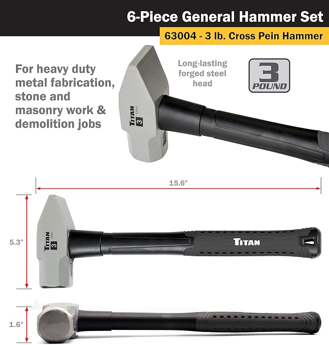 Titan 63136 6-Piece Hammer Set, Includes 16oz & 32oz Ball Pein, 32oz Rubber Mallet, 3lb Sledgehammer, 2lb Dead Blow & 3lb Cross Pein