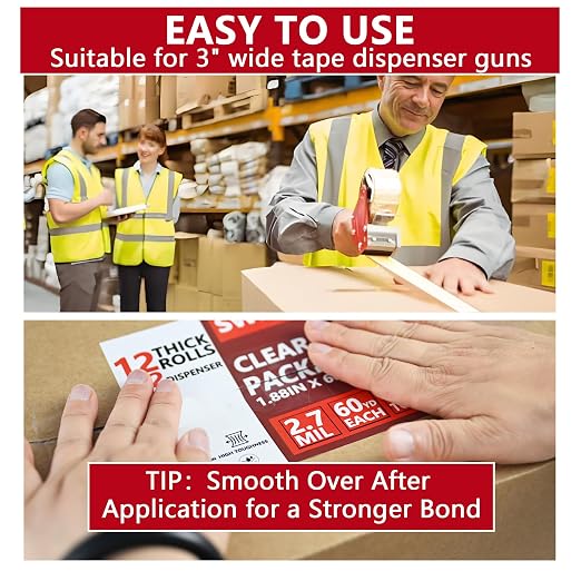 SWRT 2.7Mil Thick Ultra Clear Packing Tape, 12 Rolls Heavy Duty Packaging Tape with 2 Dispensers for Shipping Packaging Moving Mailing, Thicker Sealing Tape-1.88" x 60 Yards Per Roll, 720 Total Yards