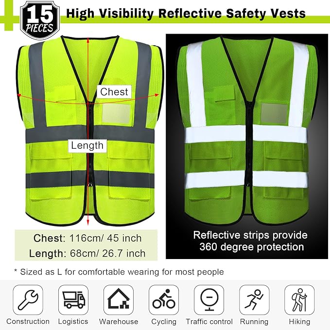 Newcotte 15 Pack Safety Vests Bulk Yellow Reflective High Visibility Vest with Mesh Pocket Zipper, Hi Vis Silver Strip for Men, Neon