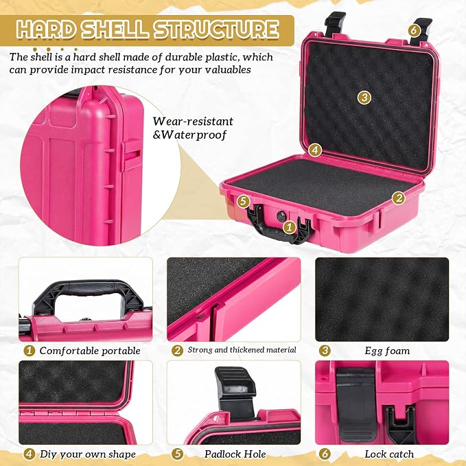 Relaxweex 1 Pcs 11.3 x 12.4 x 6.5 Inch Waterproof Hard Case with DIY Customizable Foam Insert Portable Protective Case with Knife for Camera Drones Equipments Tools Test Instruments(Rose Red)