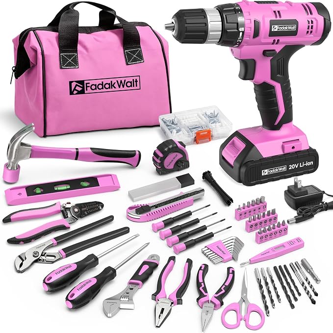 FADAKWALT 20V Cordless Drill Set with Battery, Charger & Carrying Bag, 30N Torque Power Drill/Driver Kit, 21+1 Clutch Settings, 3/8" Keyless Chuck, LED Light, Driver Bits(Pink)