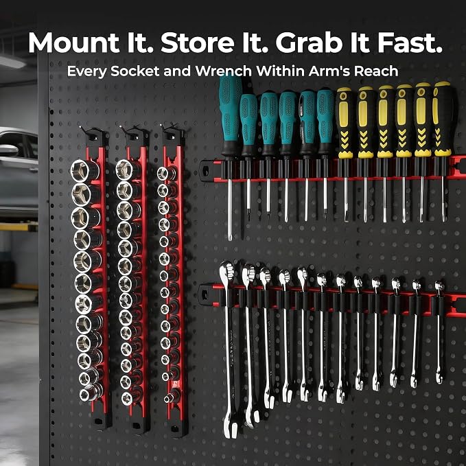 Reniteco 6-Piece Magnetic Socket Organizer and Magnetic Screwdriver Organizer Set, 1/4" 3/8" 1/2" Drive Aluminum Rail & 3-Piece Wrench Screwdriver Holder, Interchangeable Clips, Sockets Not Included