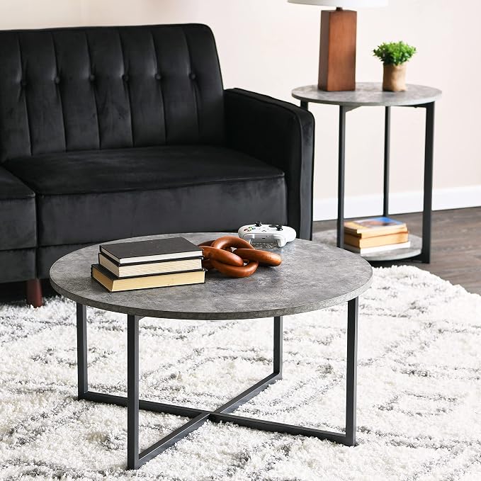 Household Essentials Jamestown Round Side End Table with Storage Shelf Rustic Slate Concrete and Black Metal