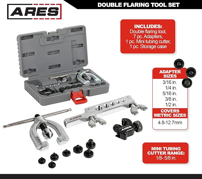 ARES 18019 - Double Flaring Tool Set with Extra Adapters- Use on Copper, Aluminum, Soft Steel Brake Line and Brass Tubing - Includes Mini Tubing Cutter and Storage Case