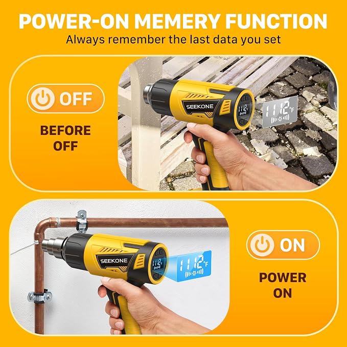SEEKONE Cordless Heat Gun with LCD Variable Temperature Control 122℉-1112℉, Compatible with Dewalt 20V Battery, Hot Air Gun with Memory Function and 3 Nozzles for Crafting, Vinyl Wrap and 3D Printing