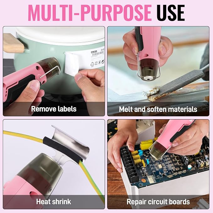 WORKPRO 7.2V Cordless Mini Heat Gun for DIY Crafts, 4000mAh Hot Air Gun, 1.5s Fast Heating, 3 Temp Settings (Cool/572°F/842°F), USB-C Rechargeable - Pink Ribbon