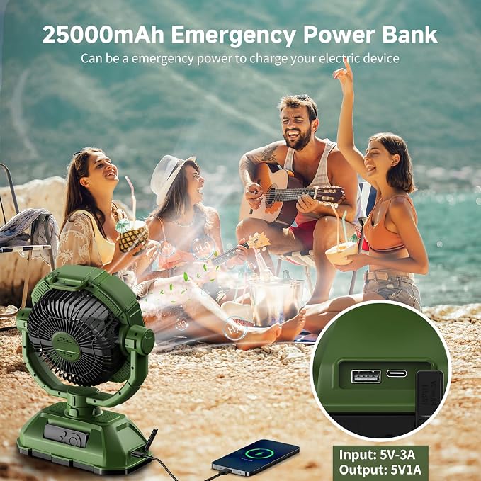 Portable Misting Fan Rechargeable for Hot Weather - 9-inch Auto Swivel Camping Fan with 25000mAh USB Battery as Power Bank, Outdoor fan with 4 Mist Cooler, 7L Bucket for Patio,Yard,Beach,Golf (Green)