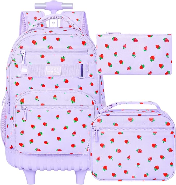 3Pcs Rolling Backpack for Girls Women, Travel Roller Backpacks with Wheels for Adults, Teens College Strawberry Wheeled Bookbag with Lunch Box (Purple)