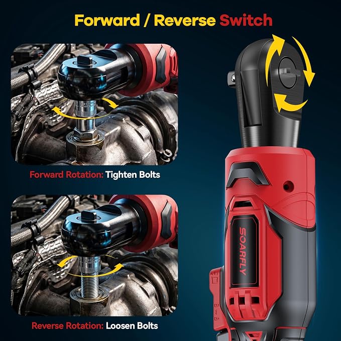 SOARFLY 3/8" Cordless Ratchet Wrench, Power Ratchet Tool Set, 60 Ft-Lbs(80N.m) Electric Ratchet Wrench with 2 * 2000mAh Lithium Batteries, 7 Sockets, LED Light, 1/4" Adapter, 3" Extension Bar