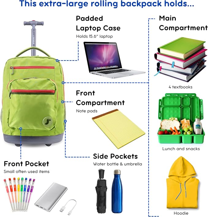 J World Sundance Laptop Rolling Backpack for Girls Boys. Roller Bookbag with Wheels, 20 Inch, Celery
