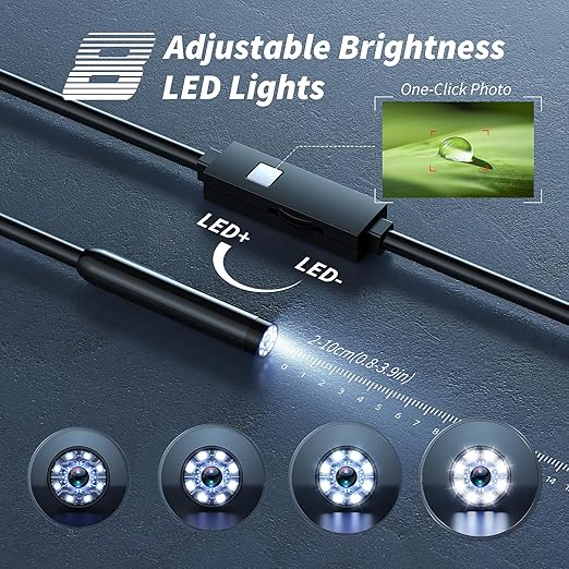 Kinpthy Endoscope Camera with Light, 1920P HD Borescope Tools with 8 Adjustable LED Lights, Endoscope with Semi-Rigid Snake Camera, Inspection Borescope for iOS - 16.3ft Single Line Single Lens