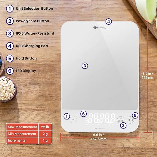 Etekcity Food Kitchen Scale, 22lb Digital Weight Scale Grams and Ounces Rechargeable Waterproof Tool for Weight Loss, Cooking, Baking, Meat, Bread, Large 0.05oz/1g Accuracy | 22 Lb/10 Kg Capacity, 0.05oz/1g Precision, IPX6 Splash-Resistant, USB-C Recha...