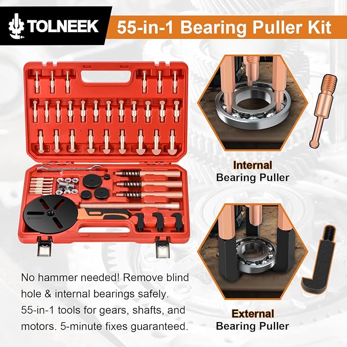 55-in-1 Bearing Puller Kit, Upgraded Heavy-Duty Wheel Bearing Removal Tool & Blind Hole Puller Set with Non-Slip Handle for Automotive, Industrial, Farm Use, Includes Portable Case (55in1-puller)