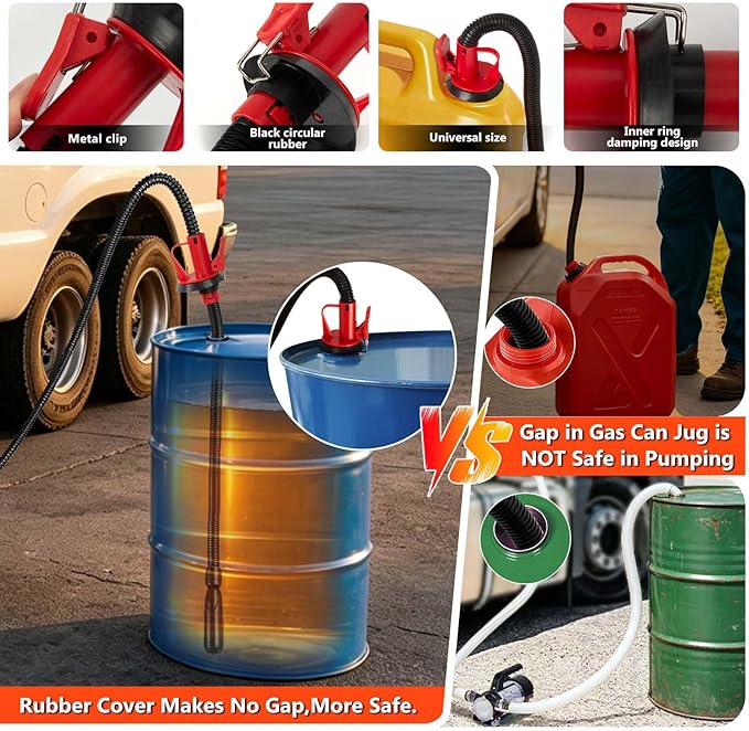 Portable Fuel Transfer Pump with Auto-Stop & Hand Nozzle, 80'' Pumping lift,fit different gas barrel sizes and depths, no adapters needed,3.8GMP, mulitiple power supply,for Gasoline, Diesel, Kerosene