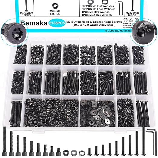 2135PCS M3 Screws Kit, M3x5/6/8/10/12/16/20/25/30/35mm Button Head and Socket Head Screws Bolts Nuts Washers Kit, 10.9 & 12.9 Grade Alloy Steel, Metric Bolts for 3D Printing