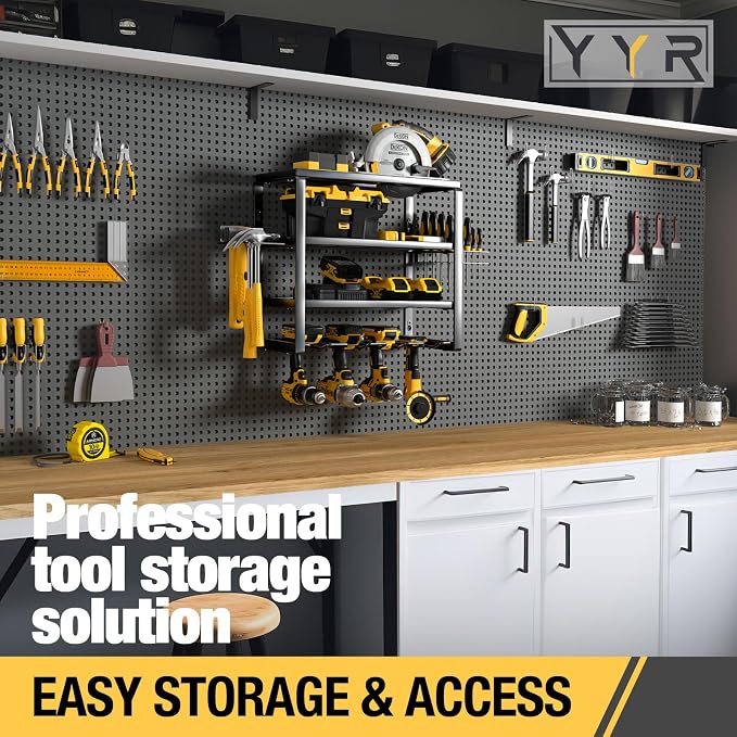YYR 4 Layer Power Tool Organizer 16 Inch 4 Slots & Heavy Duty 4-Level Lumber Storage Rack Wall Mount