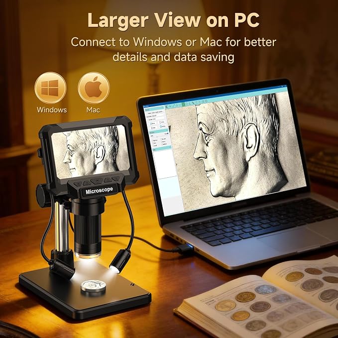 4.3" Coin Microscope for Error Coins (Detail View Only), 1000X Digital LCD Magnifier with Anti-Glare Side Lights, 1080P USB PC View (Win/Mac), Rechargeable Scope for Numismatic Grading
