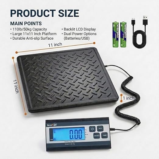 Smart Weigh Digital Postal Shipping Scale, 440 lb Capacity, 1 oz Readability, Tare Function, Battery or USB-C Power, Corded Display, Stainless Steel Large Platform, Black