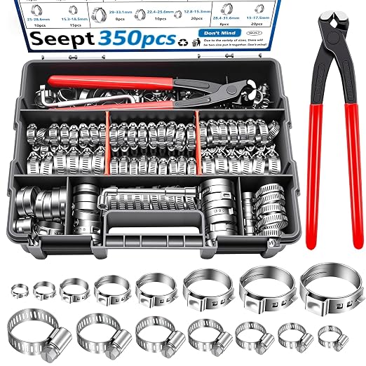 350Pcs 5.3-51mm Single Ear Hose Clamps with Worm Gear Hose Clamps Assortment Kit Pack in Handheld Box for Auto/Home Appliance/Pipe/Fuel Line