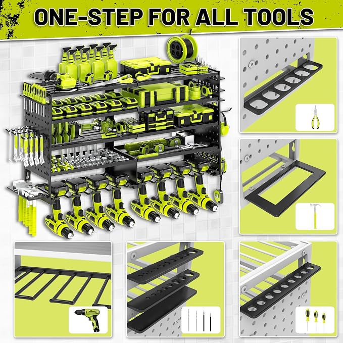 5 Layers Power Tool Organizer Wall Mount, Metal Cordless Tool Hanger Storage Rack Holder with 8 Drill Holders, Heavy Duty Garage Wall Tool Shelf for Workshop Tool Room Shed Pegboard (Black)